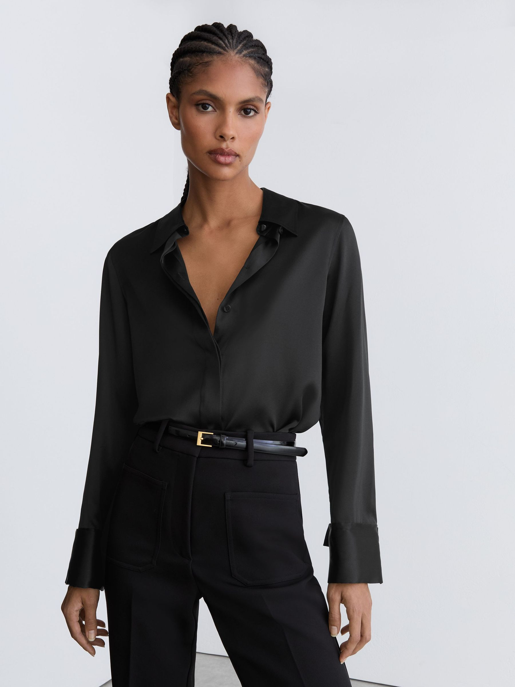 Reiss Silk-Satin Concealed-Placket Shirt in Black - REISS | Reiss UK
