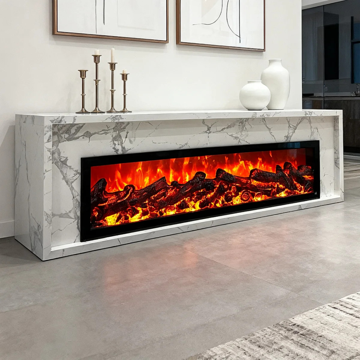 Modern Minimalist High-End Arabescato White Sintered Stone TV Stand with 3D Flame, Heating, Charc... | Wayfair North America