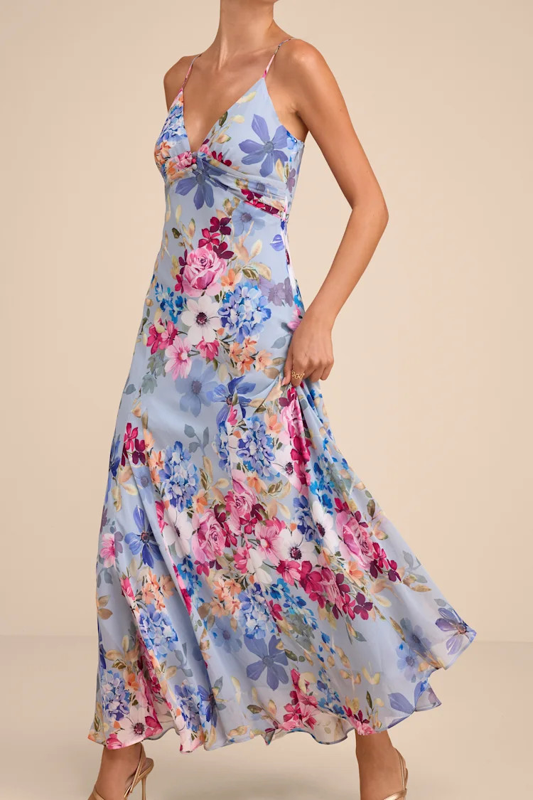 Meleia Light Blue Floral V-Neck Maxi Dress | Lulus