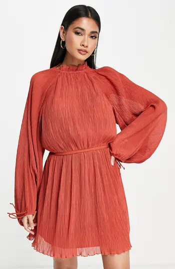 ASOS DESIGN Long Sleeve Plissé Minidress | Nordstrom | Nordstrom