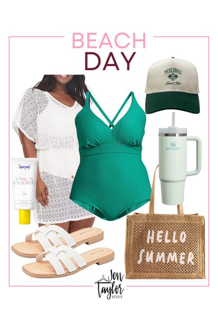 Beach day outfit idea featuring plus size swimsuit, bathing suit cover up, cute beach bag, trucker hat, white sandals and more beach essentials!

#LTKstyletip #LTKswim #LTKplussize