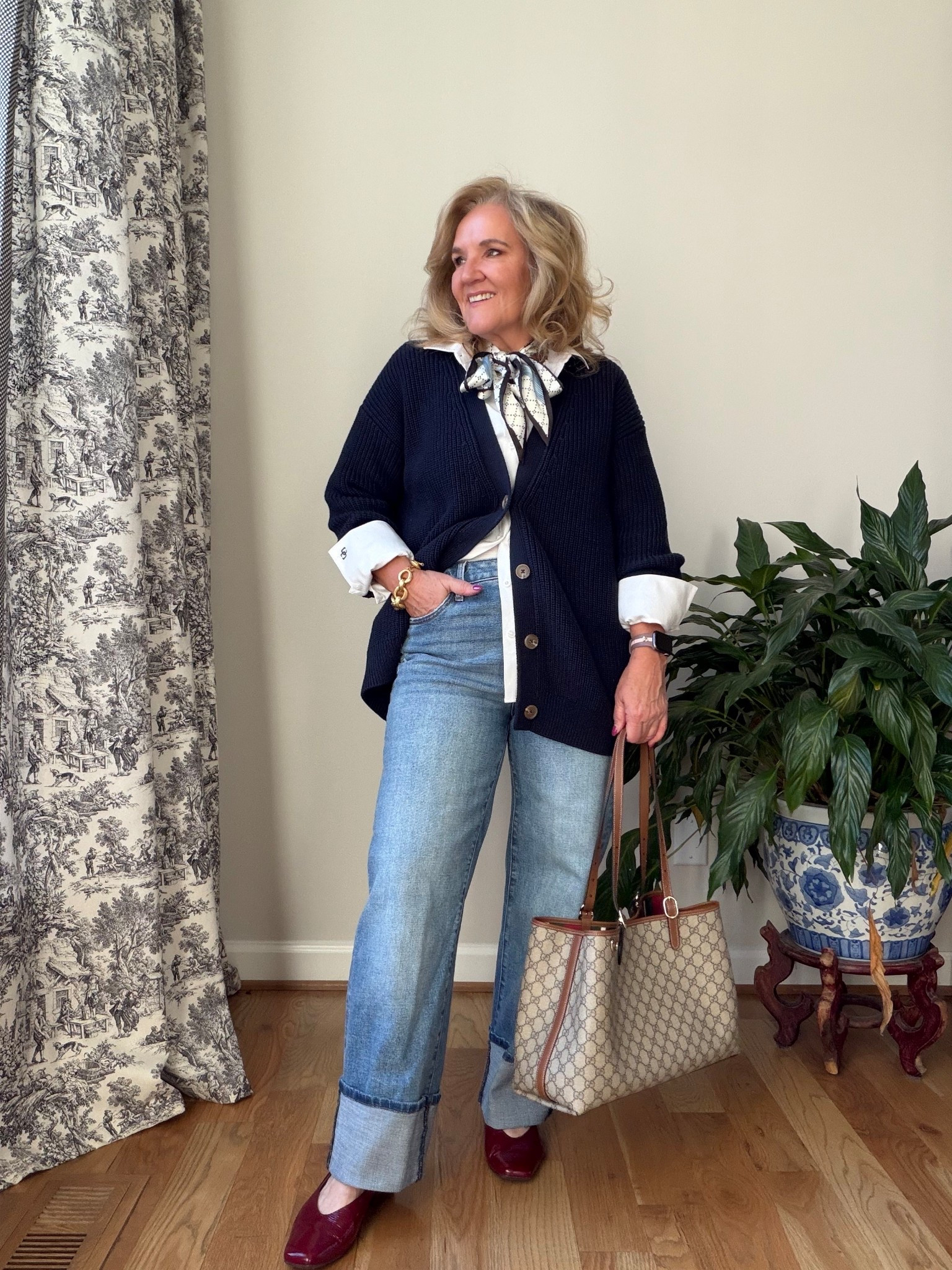 Another interest inspired look I’ll be sharing soon 
Jeans size down to a 6 
Blouse size 1.0
Navy sweater size medium (there’s a shorter version avail 
Flats are a favorite. Also come in a spring summer version.

#LTKSeasonal #LTKOver40 #LTKPetite