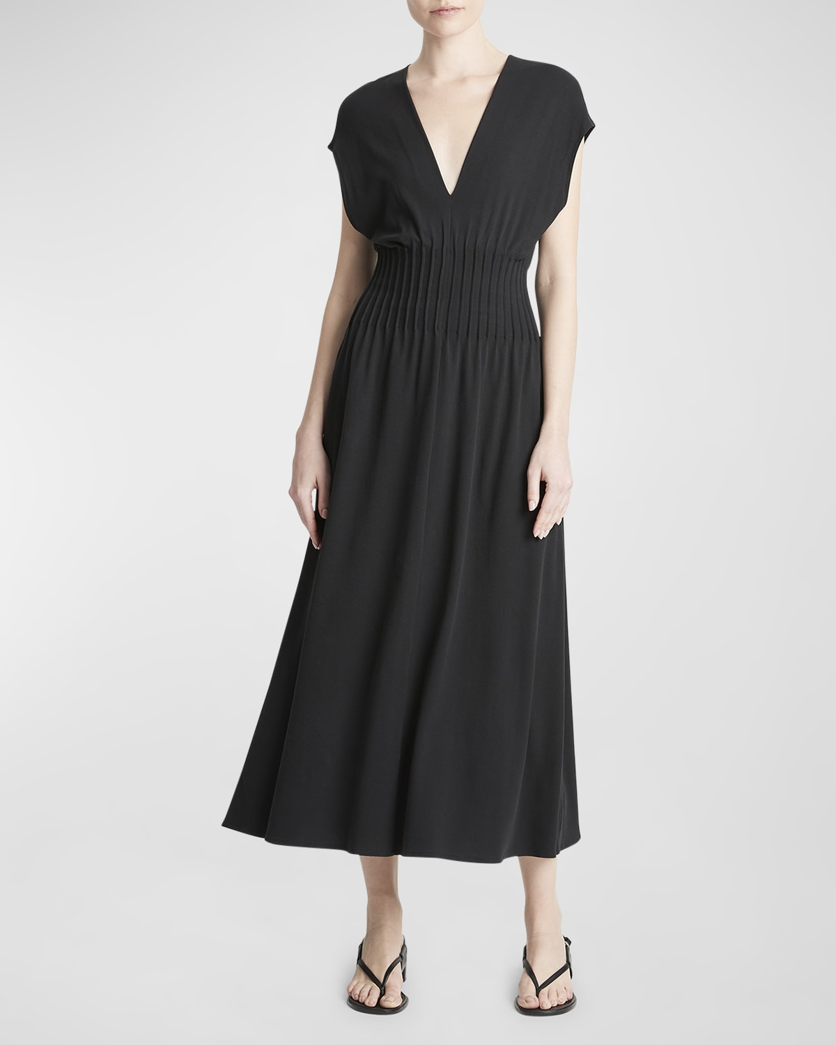 Pintuck V-Neck Short-Sleeve Midi A-Line Dress | Neiman Marcus