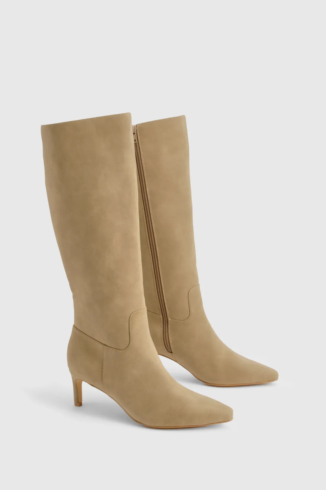 Wide Fit Nubuck Knee High Low Heeled Boots | Boohoo.com (UK & IE)