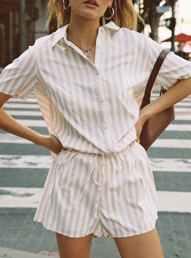 Chloe Short Sleeve Set Beige Stripe | Princess Polly US