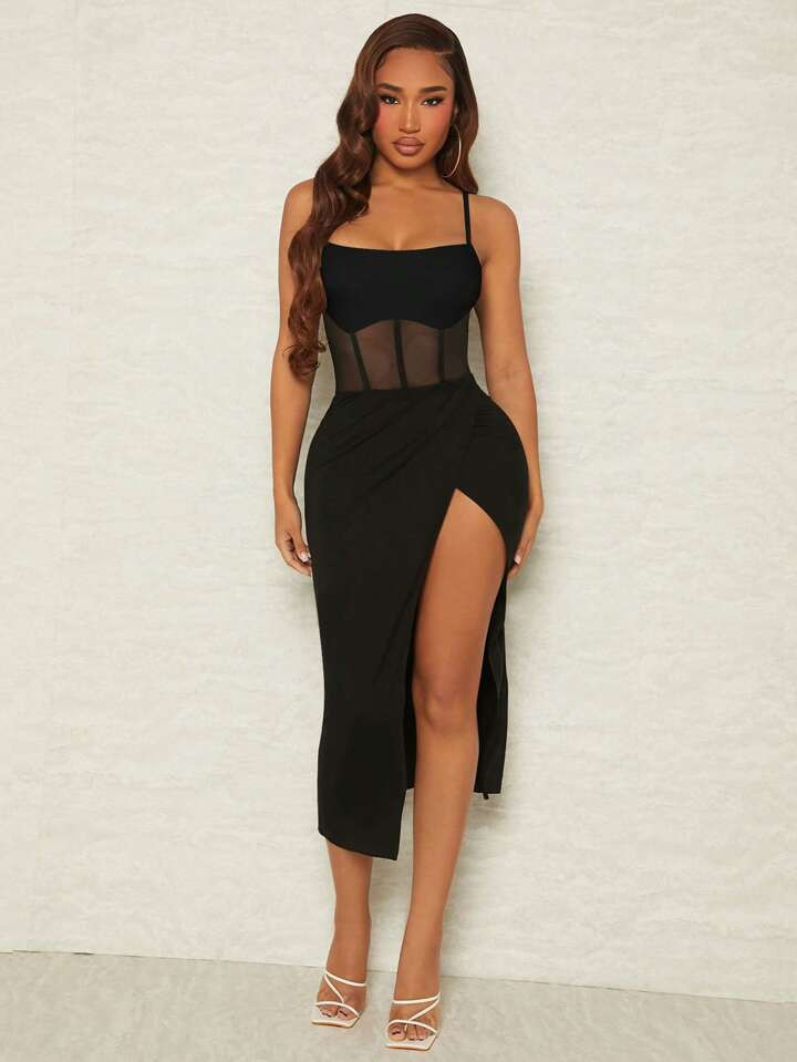 SHEIN SXY Mesh Insert Wrap Hem Cami Dress | SHEIN