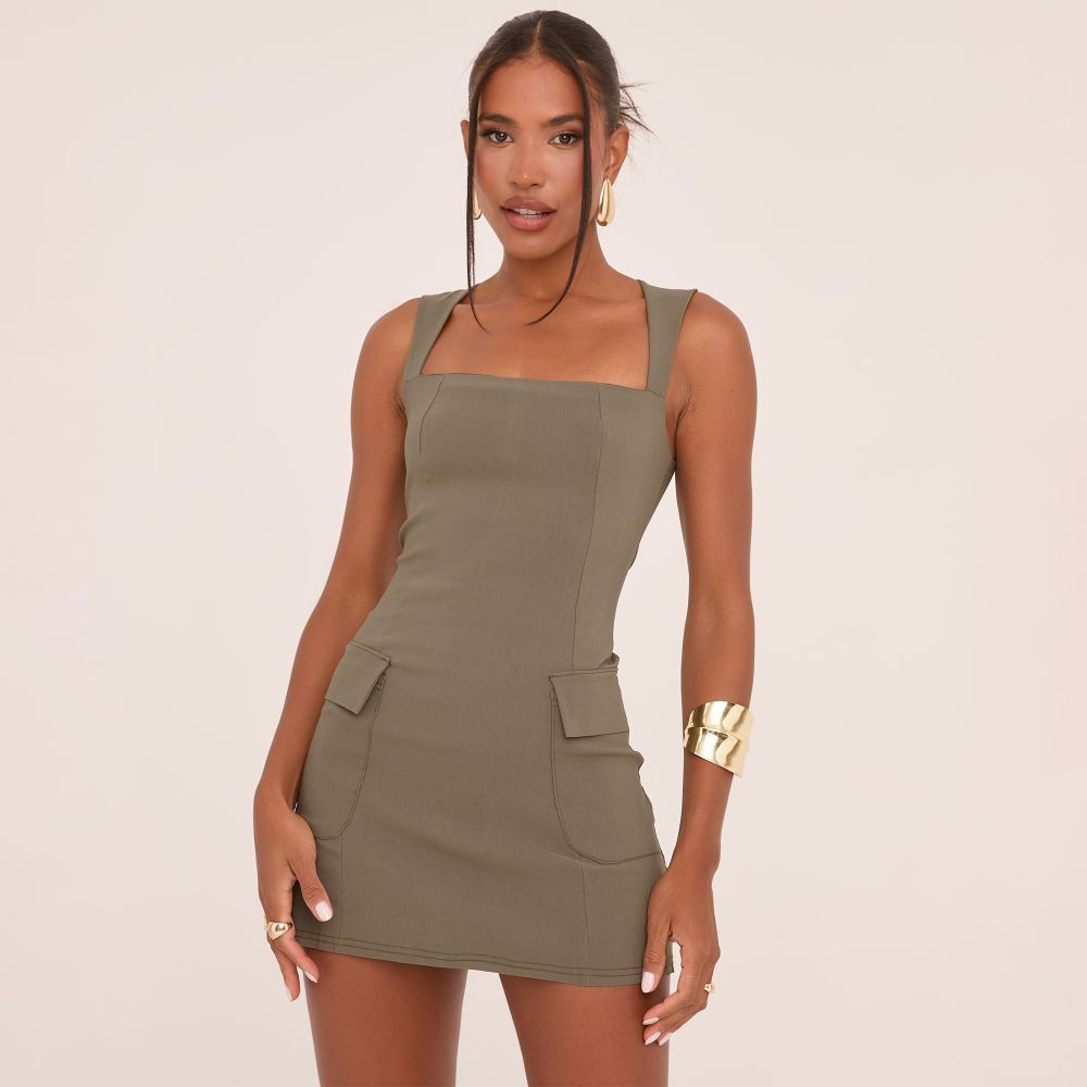 Square Neck Tailored Mini Bodycon Dress In Khaki Green Woven | EGO Shoes (US & Canada)