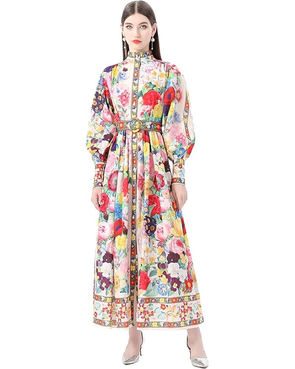 LAI MENG FIVE CATS Women's Puff Sleeves High Collar Floral Printed Buttons Front Slits Flowy Maxi... | Amazon (US)