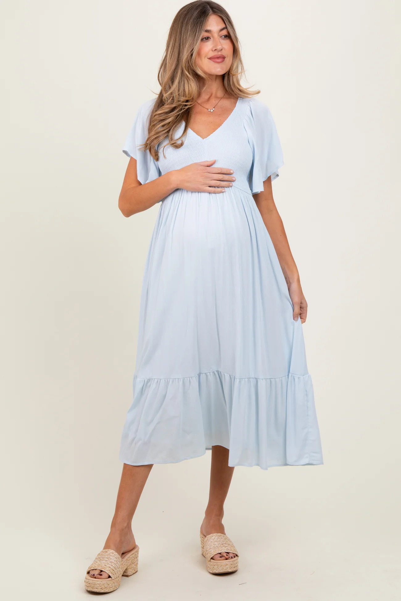 Light Blue Smocked Ruffle Maternity Dress | PinkBlush Maternity
