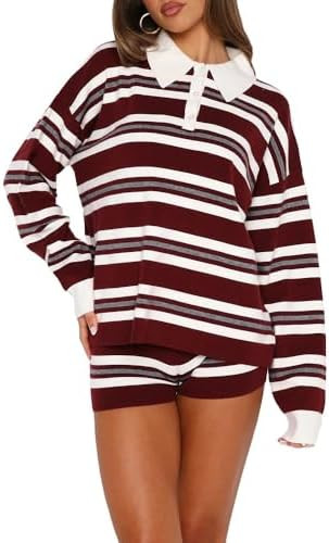 Women Y2K Striped Lounge Set Long Sleeve Oversized Sweatshirt Shorts Color Block 2 Piece Pajama O... | Amazon (US)