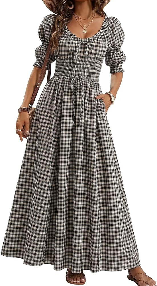Women's Boho Floral Puff Sleeve Maxi Dress with Pockets | Amazon (US)