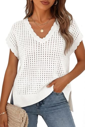 ZESICA Women's Spring Tops 2026 Summer Shirts Crochet V Neck Cap Sleeve Sweater Cute Casual Beach... | Amazon (US)