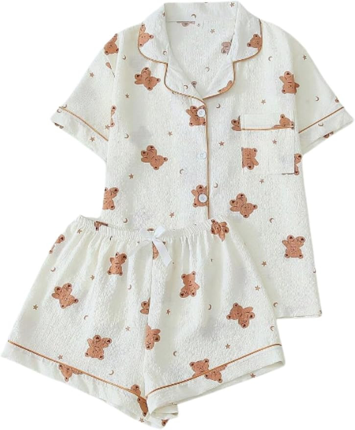 Verdusa Women's 2 Piece Pajama Sets Lightweight Fall Pajamas Cute Pj Set Button Shirt with Shorts... | Amazon (US)