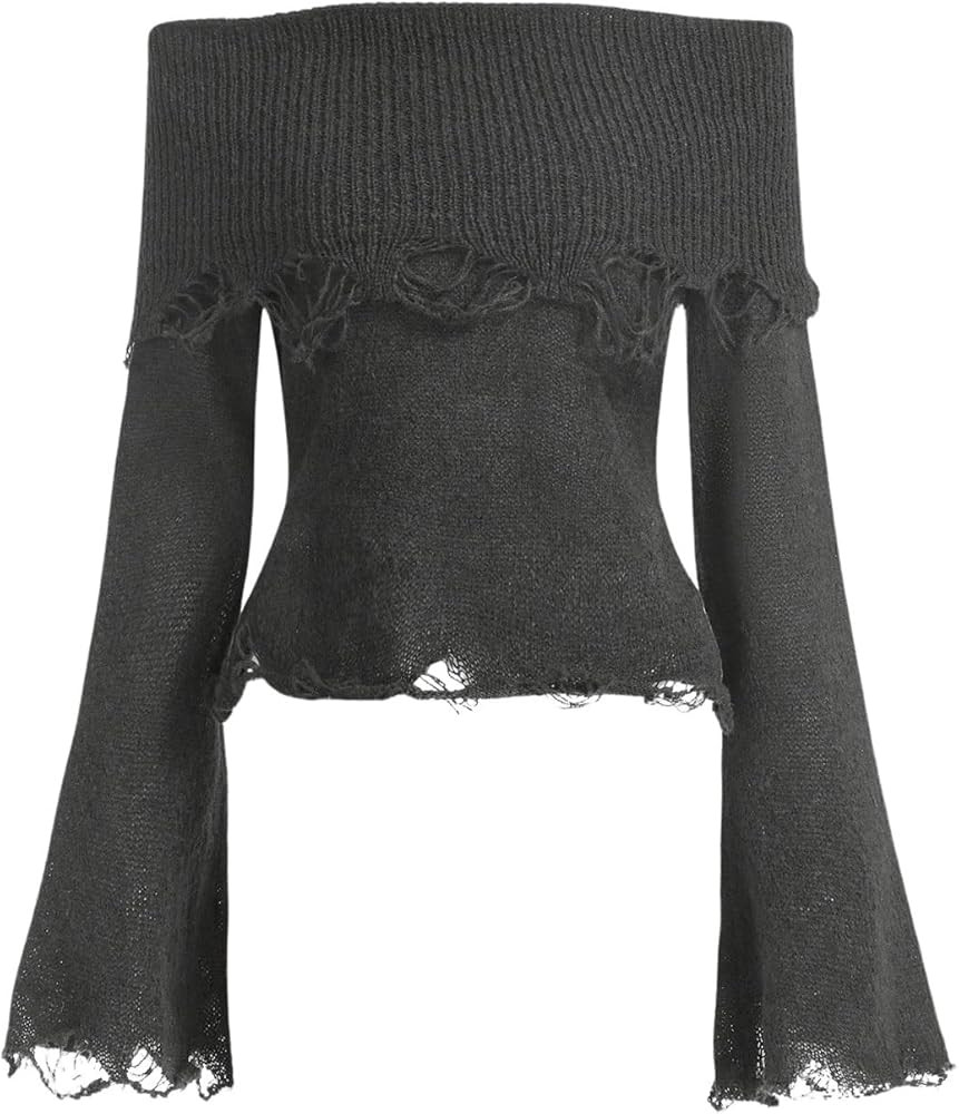 SOLY HUX Women's Ripped Sweaters Off Shoulder Bell Long Sleeve Pullover Tops | Amazon (US)