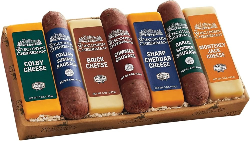 The Wisconsin Cheeseman Cheese and Sausage Combo - Featuring Colby, Brick, Sharp Cheddar, and Mon... | Amazon (US)