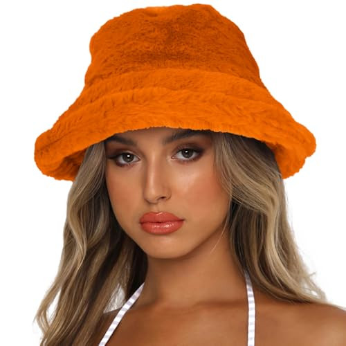 Sydbecs Winter Bucket Hat Fluffy Faux Fur Fisherman Cap for Women Men Solid Color Style(Orange) | Amazon (US)