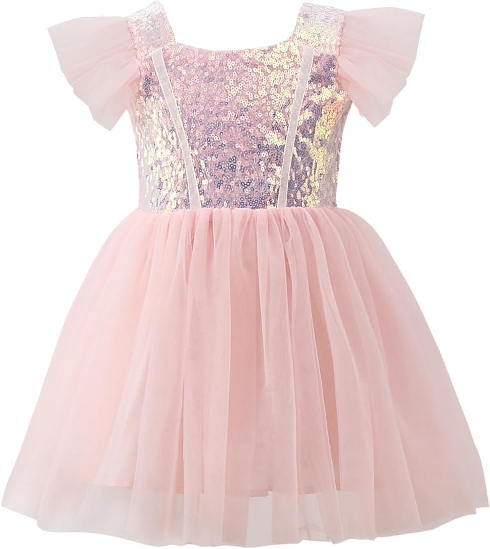 Toddler Girls Tutu Dress Ruffle Sleeve Layered Tulle A-Line Sundress for Birthday,Party | Amazon (US)