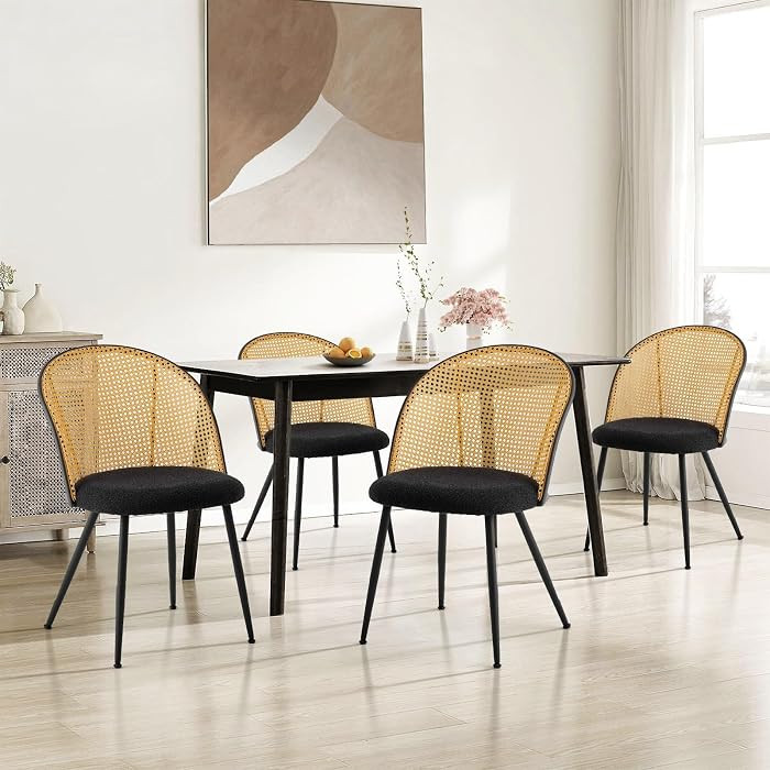Dining Chairs Set of 4, Mid Century Modern Dining Room Chairs with Full Rattan Back, Boucle Fabri... | Amazon (US)
