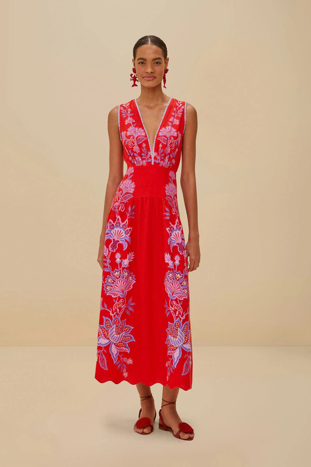 Red Porcelain Garden Euroflax Premium Linen Midi Dress, PORCELAIN GARDEN RED / XL | FarmRio (US)