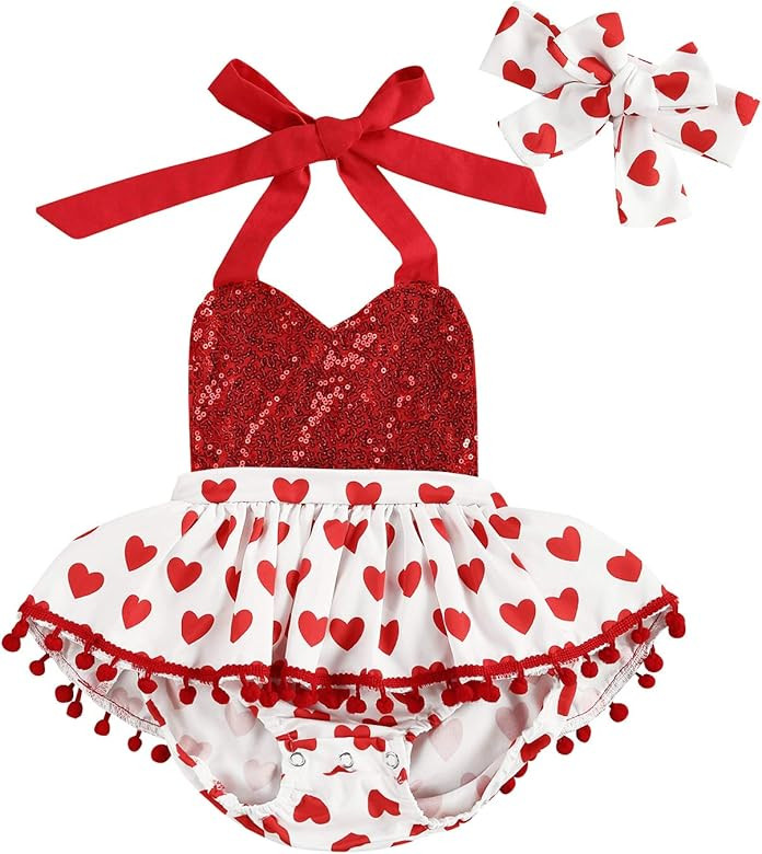 Newborn Baby Girl Valentine's Day Outfit Flutter Sleeve Heart Print Tutu Romper Dress Headband 2P... | Amazon (US)