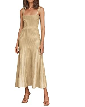 ARTFREE Womens Ribbed Knit Summer Maxi Dresses Tie Straps Square Neck Party Long Dress | Amazon (US)