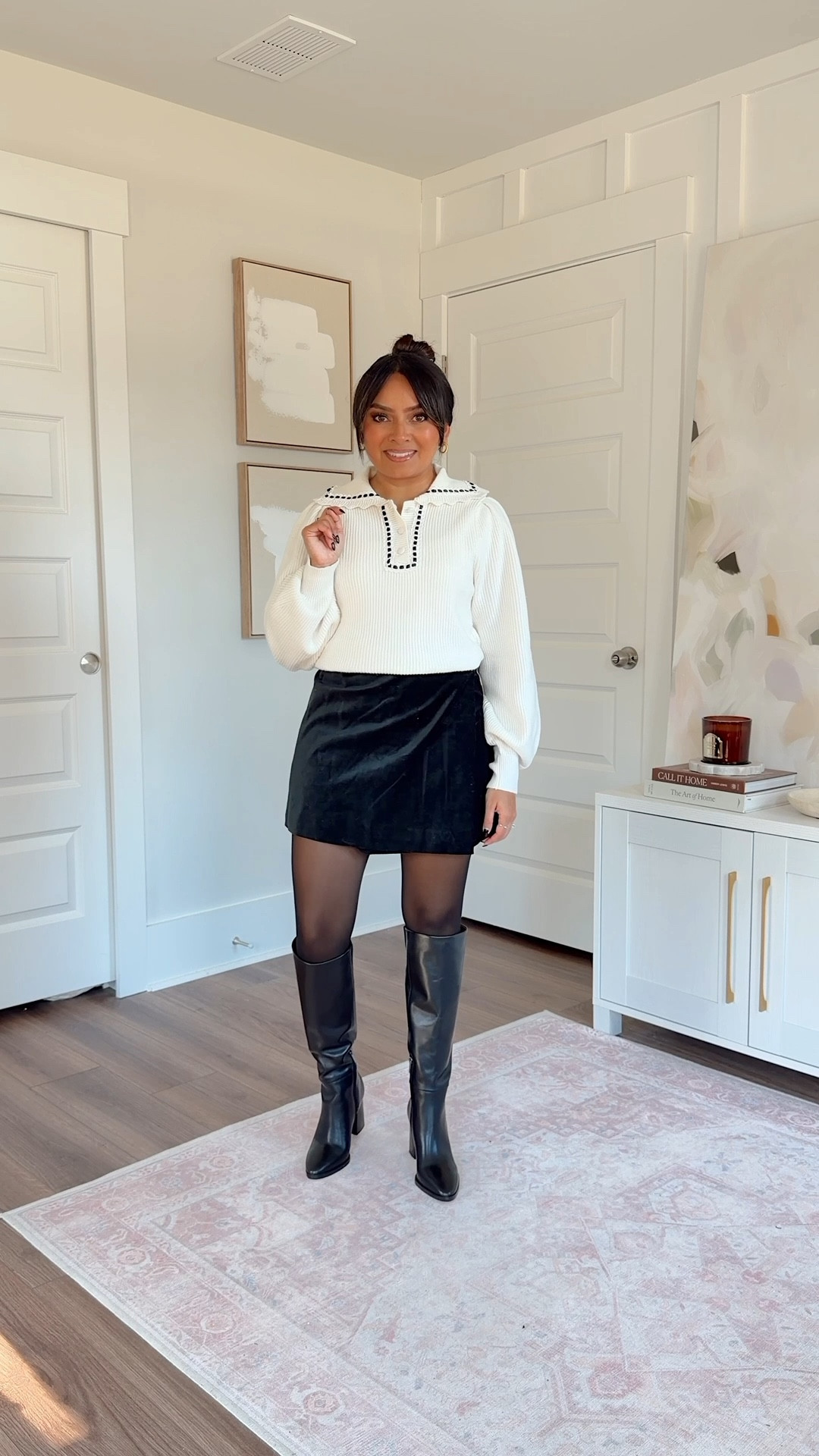 Off White polo collar sweater size xxs TTS
Black velvet mini skirt - old, similar linked
Black tights size small TTS
Black boots size 5.5 TTS

#LTKPetite #LTKHoliday #LTKSaleAlert