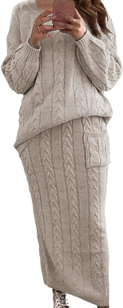 chouyatou Women Winter Casual Chunky Cable Knit Long Pencil Skirt 2 Piece Outfit Oversized Pullov... | Amazon (US)