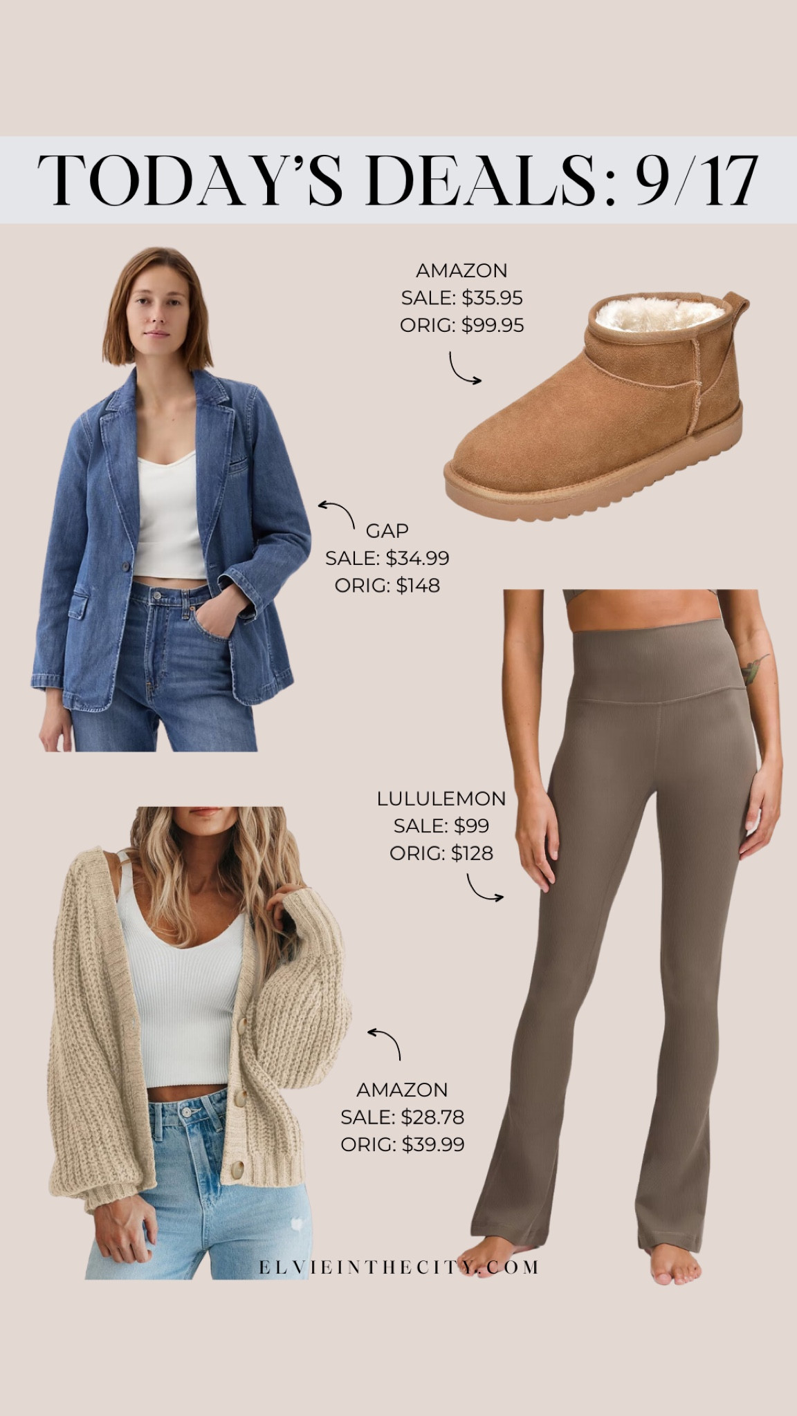 Today’s deals include a denim blazer from Gap, suede ankle boots from Amazon (don’t forget to clip the coupon for the full savings), a cardigan sweater from Amazon that comes in a bunch of colors (be sure to clip the coupon for the full savings), and flare leggings from Lululemon.

Ugg inspired boots, fall boots, fall outfit, athleisure, loungewear, ootd, fashion over 40, deal of the day

#LTKSaleAlert #LTKStyleTip #LTKFindsUnder50