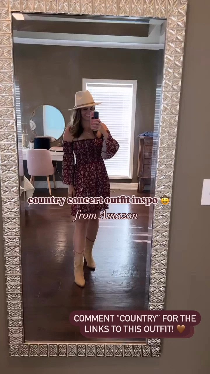 Country concert outfit idea! Love this burgundy floral dress with flare sleeves & smocked bodice. Cute dress for concerts or date night outfit! 

#LTKVideo #LTKStyleTip #LTKFindsUnder50