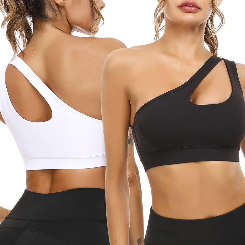 Sykooria Women's One Shoulder Sports Bras Workout Yoga Bras Sexy Cute Medium Support Crop Tops | Amazon (US)
