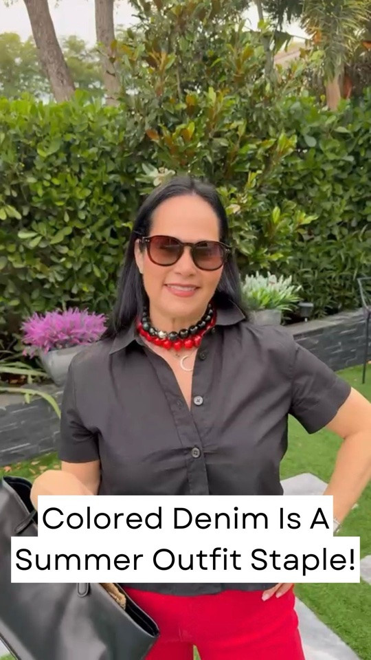 One of the easiest ways to add a pop of color to your summer wardrobe isn’t with a colorful top—it’s with colored denim.

This season we’re seeing colored jeans everywhere, from yellow and green to pink, purple, and red. I decided to try these red jeans because they were affordable, comfortable, and let’s be honest... I wasn’t looking to spend a fortune on a trend piece.

These jeans are incredibly comfortable, flattering, and the length works with everything from flats and sneakers to a small heel or espadrille.

I paired them with a black short-sleeve shirt worn open with just one button fastened over a nude tank for an easy, effortless look. Then I finished it off with comfortable loafer slides, a silver hardware belt, an east-west bag, sunglasses, and some BaubleBar beads.

Would you wear colored denim this summer? If so, what color would you choose?

Colored denim • Red jeans • Summer fashion • Summer outfit ideas • Over 50 fashion • Over 60 fashion • Casual chic style • Elevated everyday style • Comfortable jeans • Affordable fashion finds • Summer wardrobe • Pop of color • Red denim outfit • Everyday style inspiration • Midlife fashion • Ageless style • Casual summer outfit • Women’s fashion over 50 • Women’s fashion over 60 • Outfit of the day

#LTKootd #LTKdayinmylife #LTKOver40