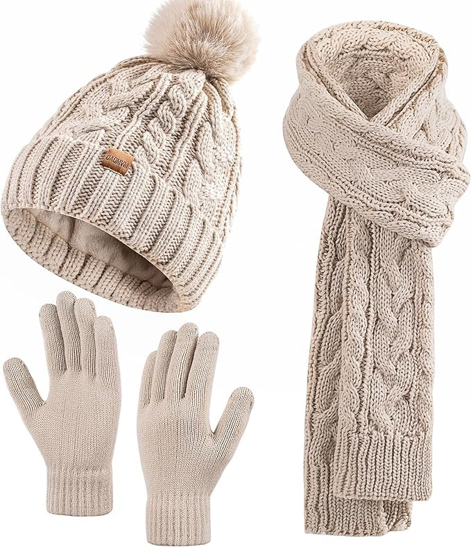Winter Beanie Hat Scarf Gloves Set for Women, Pom Pom Fleece Lined Hat Long Knit Scarf Neck Warme... | Amazon (US)