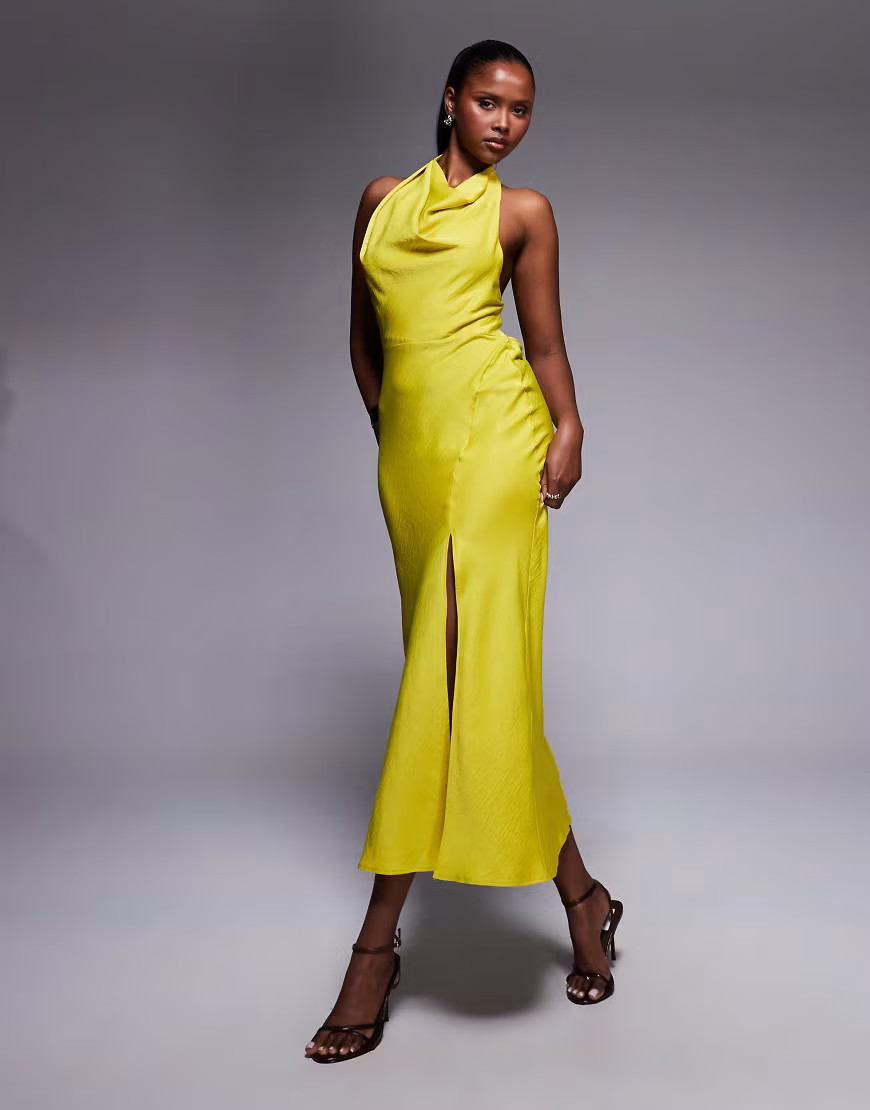 ASOS DESIGN satin high neck midi dress with cross strap detail in chartreuse-Yellow | ASOS (Global)