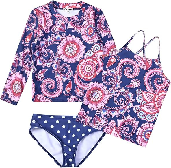 Jxstar Girls 3 Piece Rash Guard Swimwear Set Kids Long Sleeve Swimsuits UPF 50+ UV | Amazon (US)