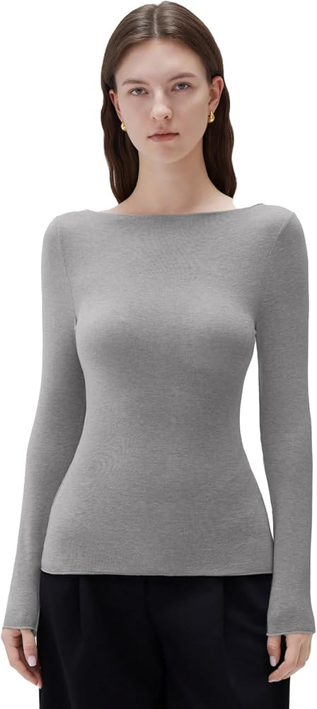 SUUKSESS Cloud Cashmere Women Boat Neck Fitted Long Sleeve Shirt Basic Knit Tops | Amazon (US)
