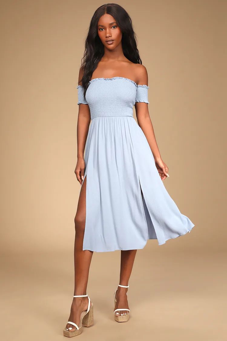 View from the Meadow Slate Blue Off-the-Shoulder Dress | Lulus