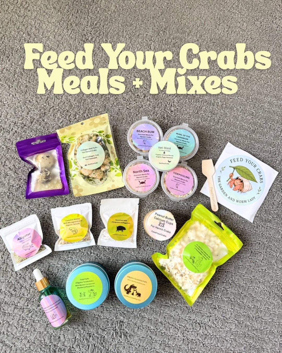 Feed Your Crabs complete meals, mixes, and more