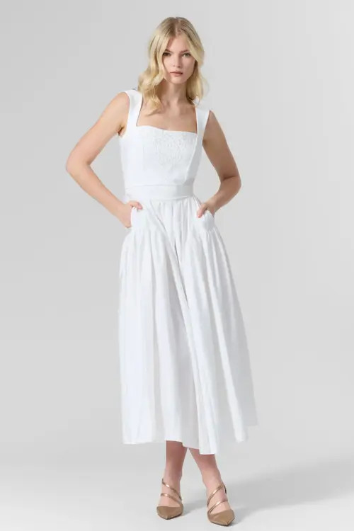 Le Fafo Belted Taffeta Embroidered Midi Dress in White at Nordstrom, Size Medium | Nordstrom