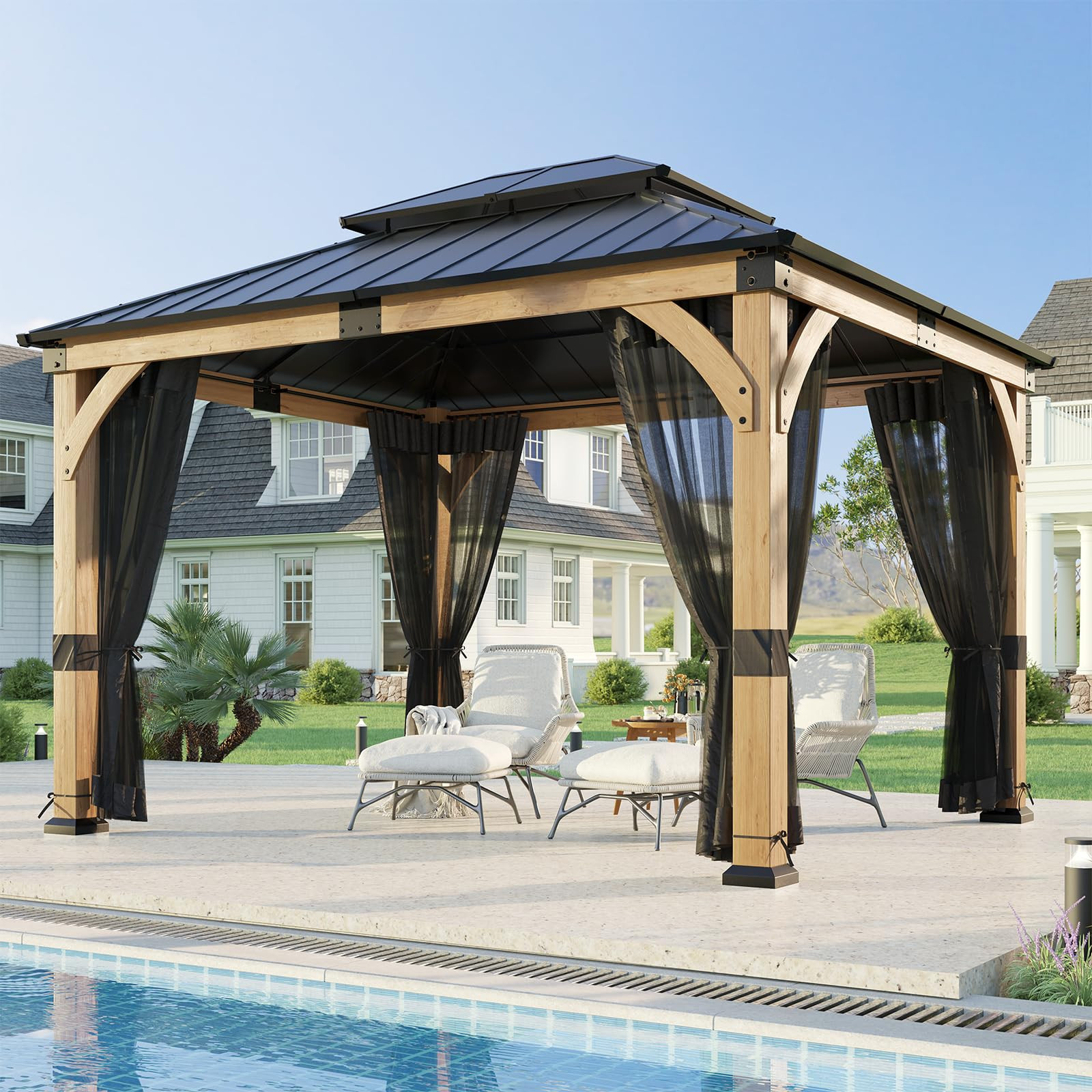 10x12 ft Cedar Wood Gazebo with Translucent roof, Hardtop Gazebo with Galvanized Steel Double Roo... | Amazon (US)