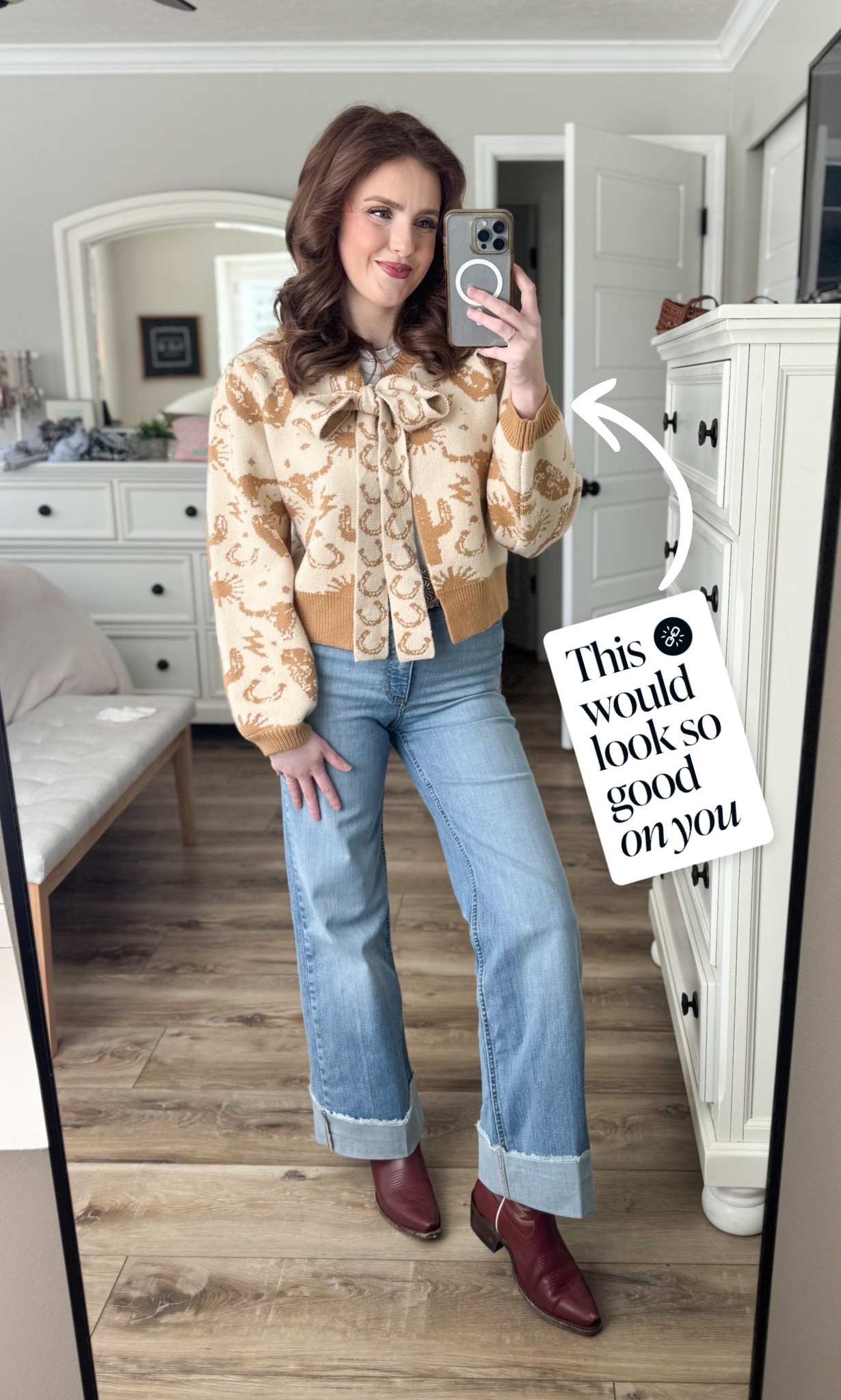 Obsessed with this western sweater cardigan moment! 🧡 Styling a bow cardigan with wide-leg jeans and  cowboy boots is giving all the cowgirl chic vibes for spring. Perfect for country concert outfits, western boho style, or everyday casual looks. Shop everything linked on LTK!

#springoutfit #springfashion #outfitinspo #ootd #casualstyleinspo #fashioninspo #styleinspo 
#westernaesthetic #cowgirlera #cottagecoregirl #grandmillennial #westernchic #countrygirlaesthetic

#LTKootd #LTKSeasonal #LTKPetite