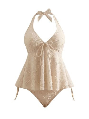 Verdusa Women's 2 Piece Hater Tankini Set Textured Babydoll Tops with Panty Swimsuits Beige Medium | Amazon (US)
