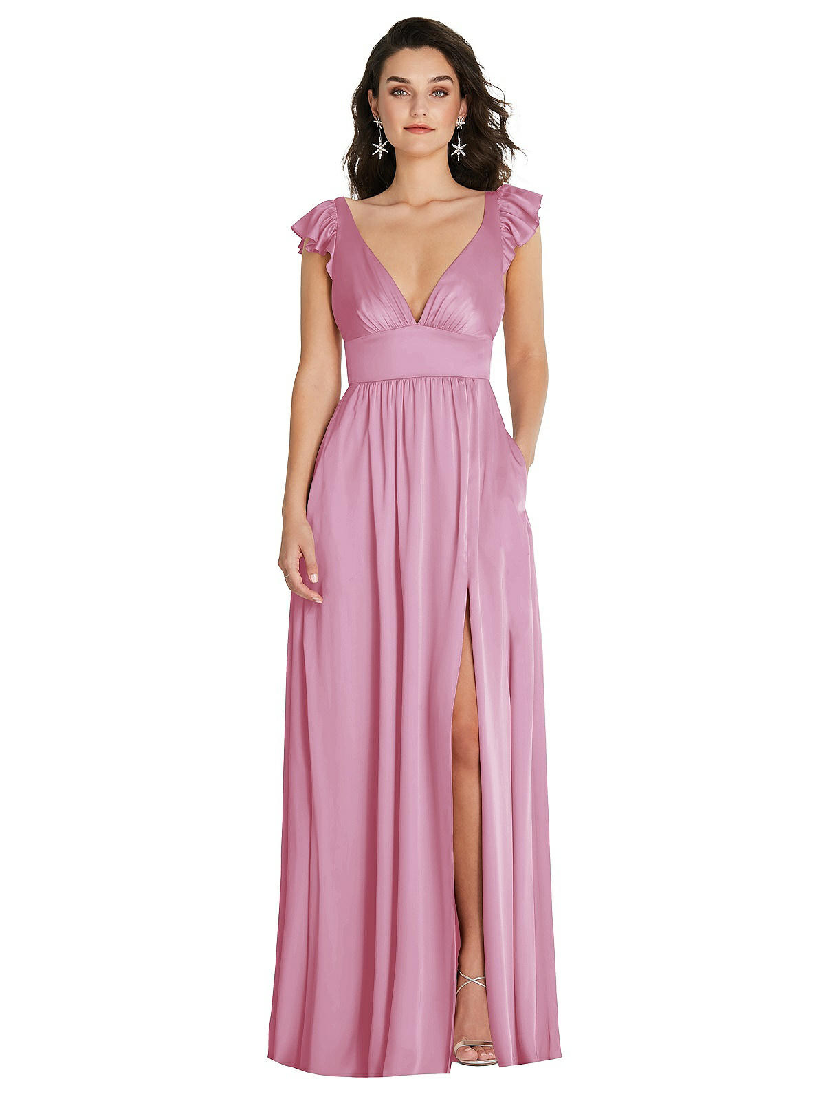 Deep V-Neck Ruffle Cap Sleeve Maxi Dress with Convertible Straps | The Dessy Group
