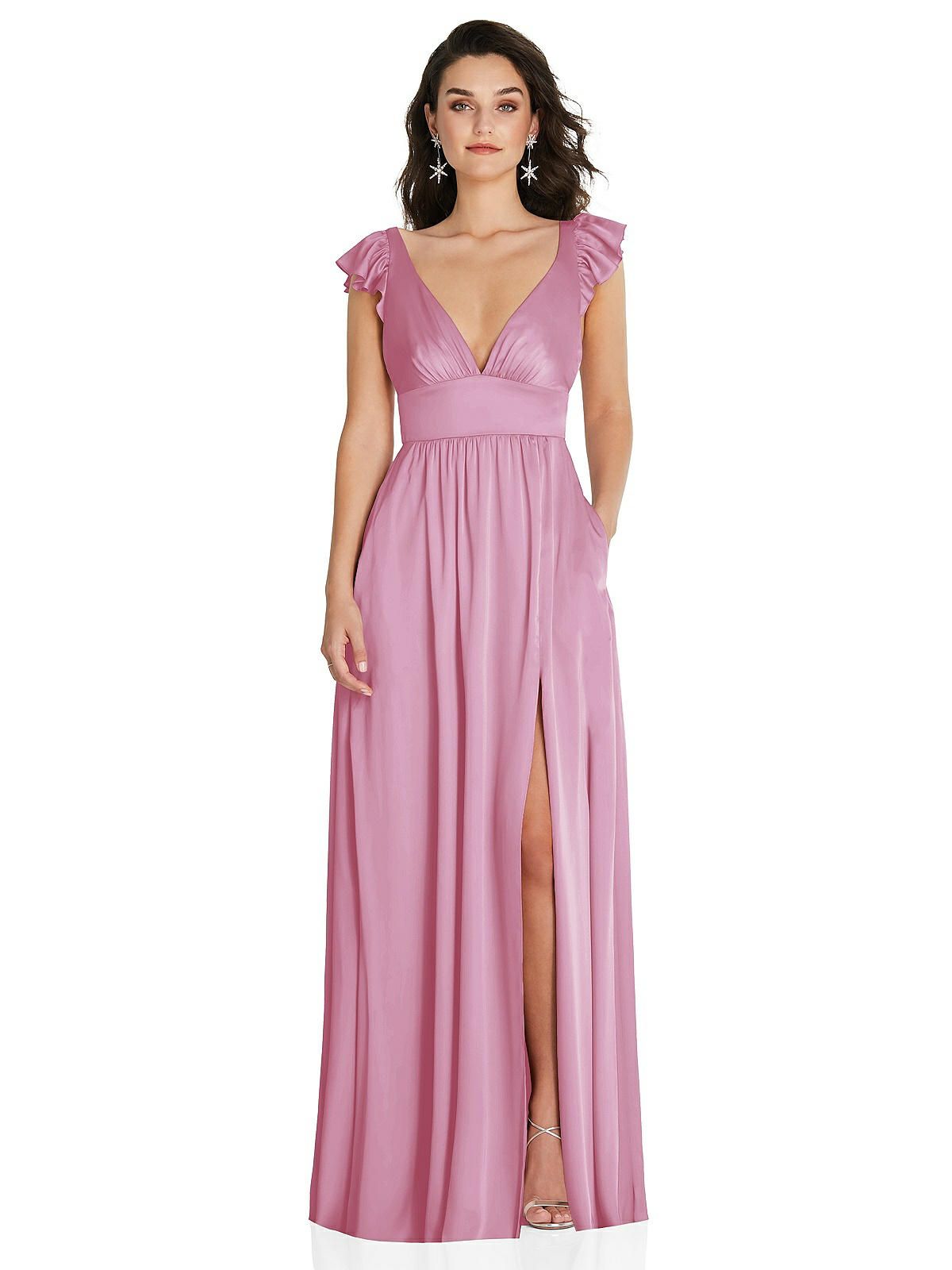 Deep V-Neck Ruffle Cap Sleeve Maxi Dress with Convertible Straps | The Dessy Group