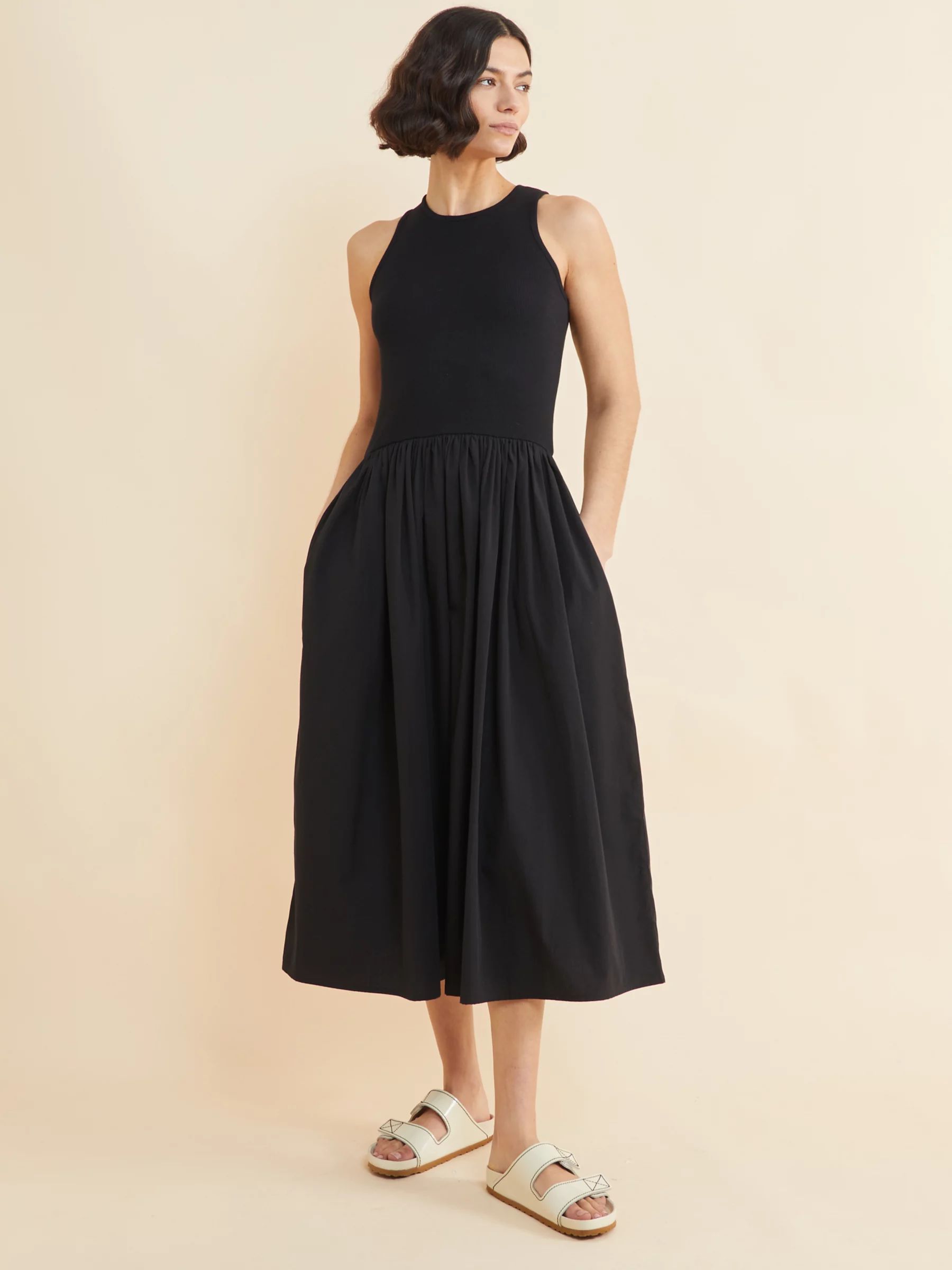 Albaray Organic Cotton Flared Midi Dress, Black | John Lewis (UK)