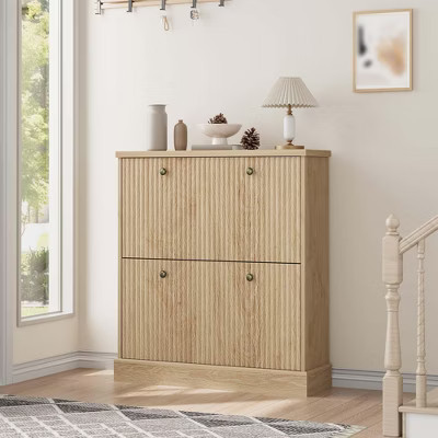 Shoe Storage Cabinet With 2 Flip Drawers, Hidden Shoe Rack Cabinet with Adjustable Shelf, Fluted Shoe Storage Organizer for Hallway, Oak | Target