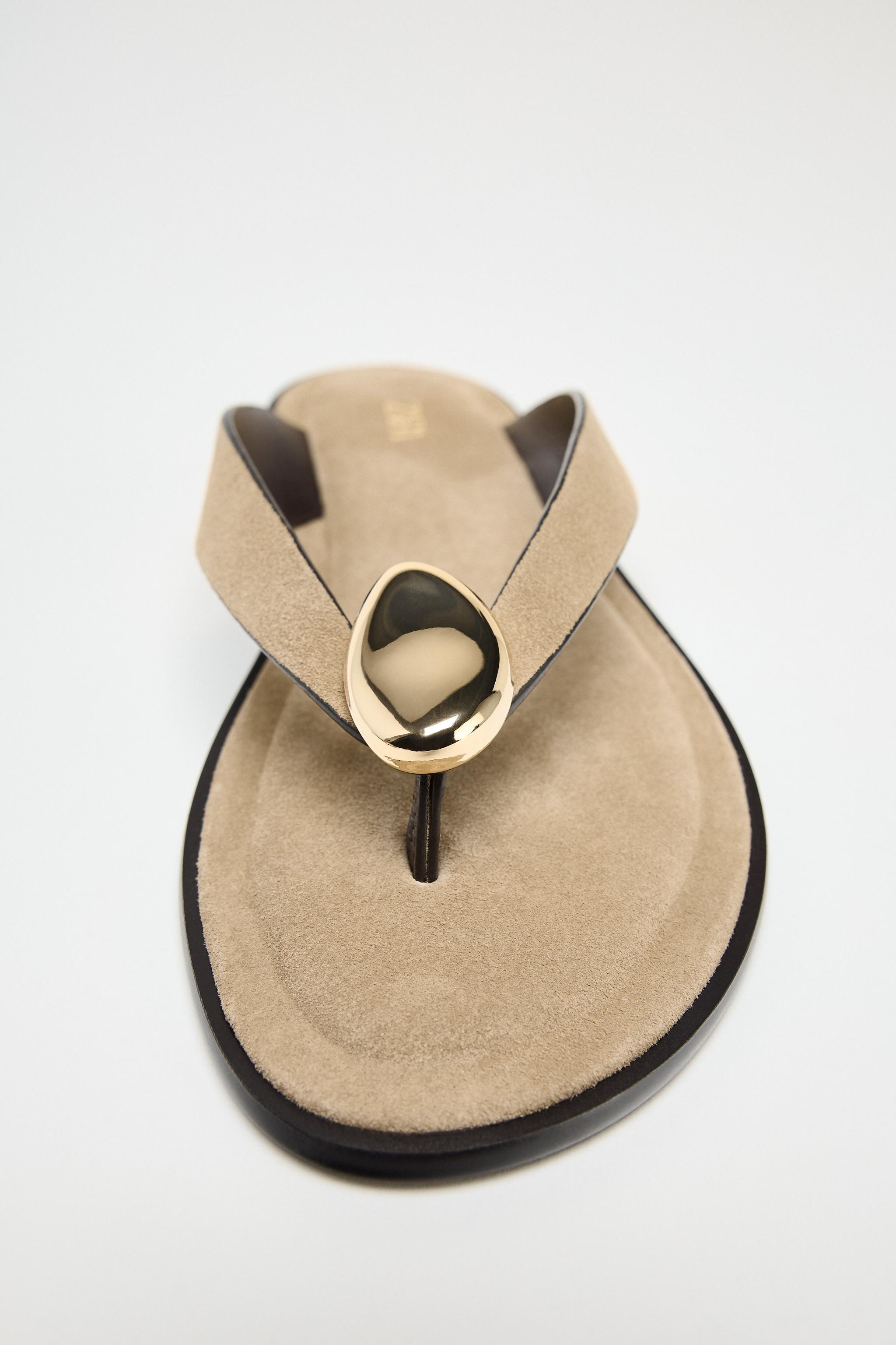 FLAT SPLIT SUEDE SANDALS WITH METAL EMBELLISHMENT | Zara AU