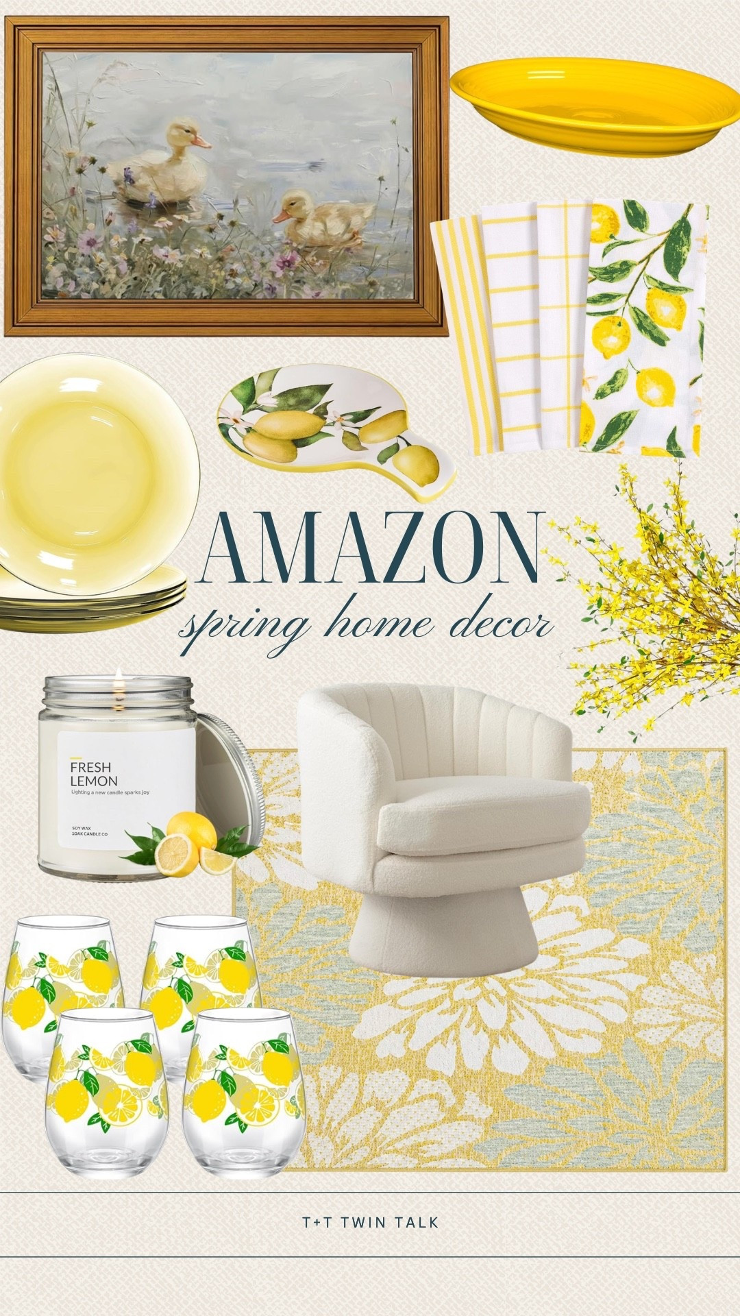 Amazon home pieces that bring in a fresh spring feel. The lemon prints, glassware, and linens set the tone, with the artwork and chair adding a focal point. Small updates that make the space feel lighter without redoing everything.

#LTKOver40 #LTKHome #LTKSeasonal