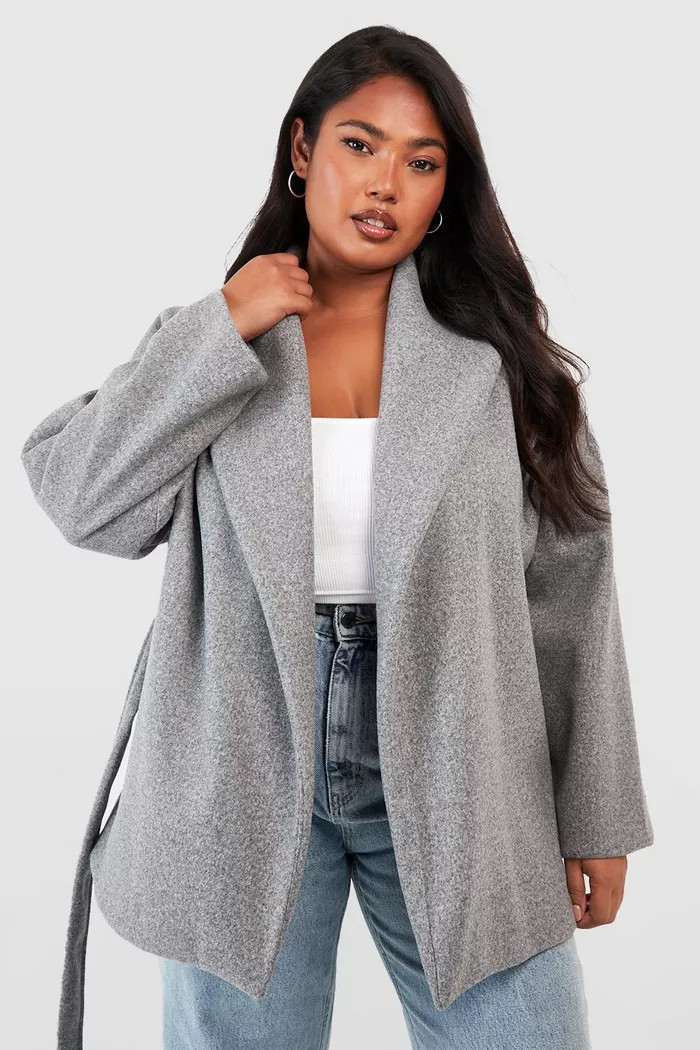 Plus Wool Look Oversized Collar Belted Jacket | boohoo (US & Canada)