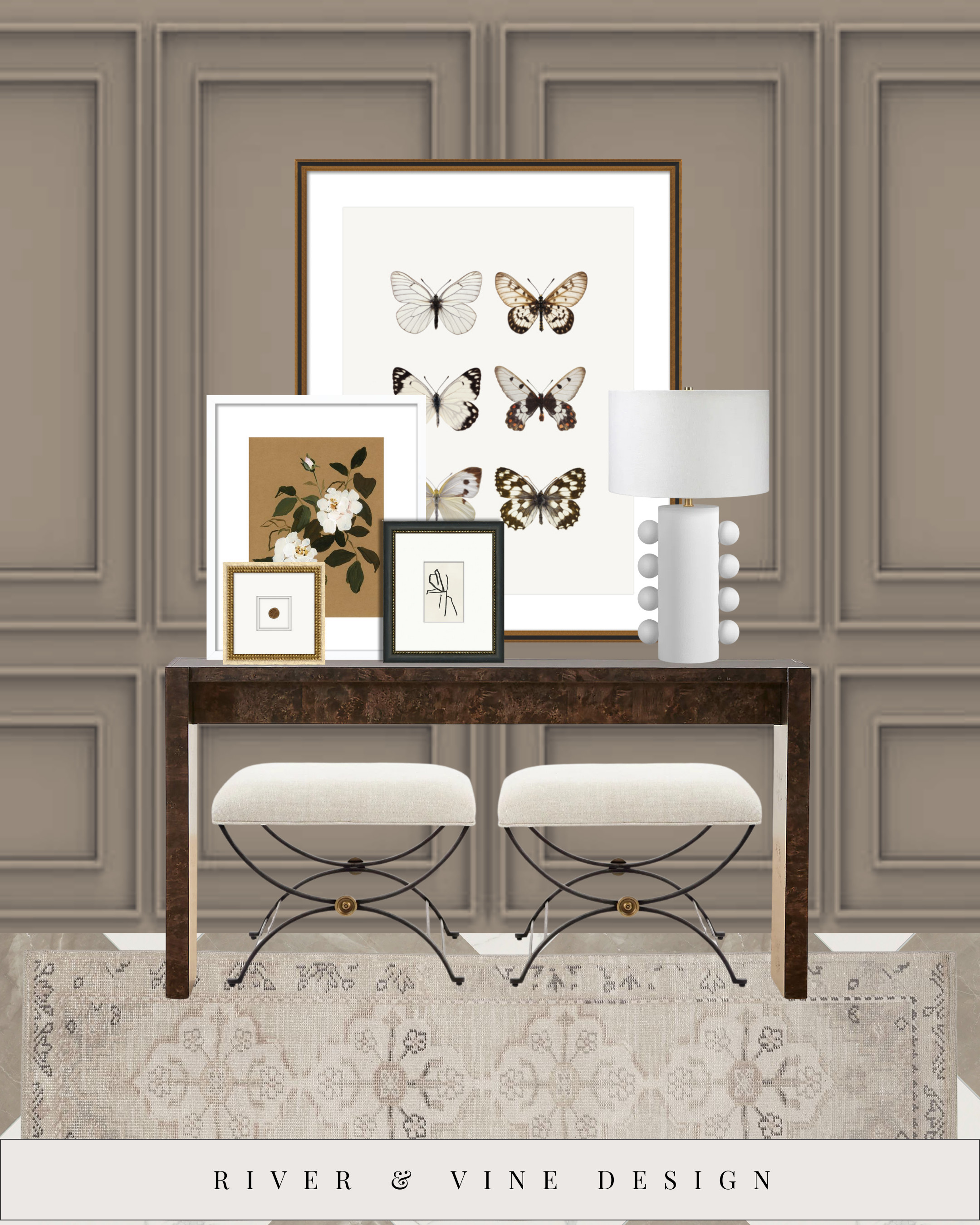 "If your console feels flat, it’s because everything is playing at the same level!

This is what depth looks like in decor.

The secret isn’t more pieces, it’s better layering:

One oversized art piece to anchor the wall

One mid-size frame to create overlap

One small frame for detail

One sculptural lamp for height + contrast

Then finish it with texture underneath.
The stools soften the stone.
The rug grounds the whole moment.

When you mix:
• heavy + light
• tall + low
• smooth + textured

…your space instantly reads expensive, even if it wasn’t.

Everything here is linked so you can copy the formula, not just the look." 

 #LTKHome