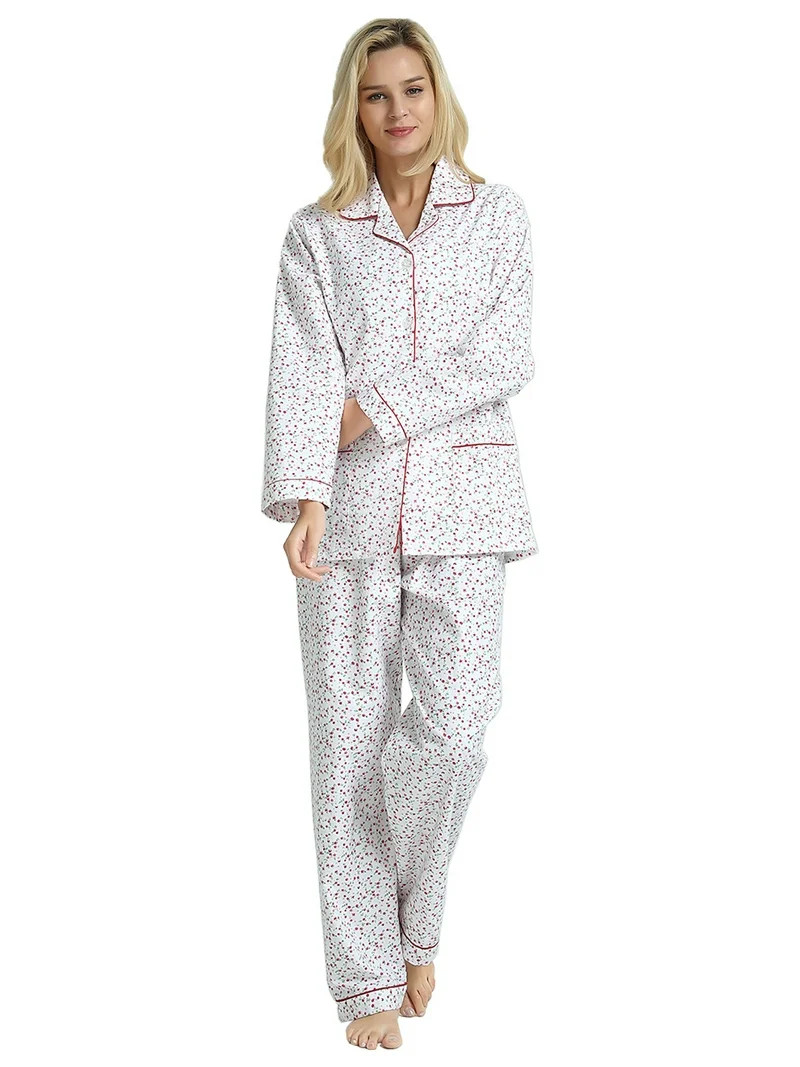 GLOBAL Women's Flannel Pajamas Set 100% Cotton PJs for Women Loungewear Long Sleeve Button Drawst... | Walmart (US)